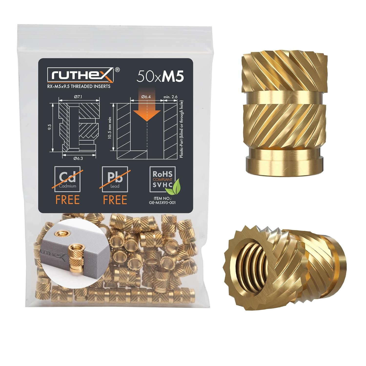 Ruthex M5 heat insert (long)