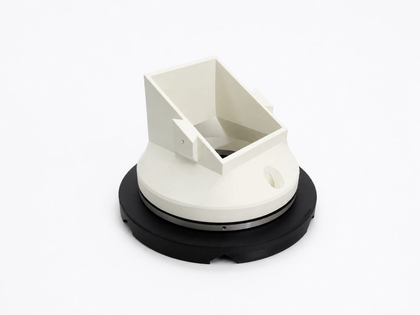 The completed bottom interface with chute mount, Lazy Susan bearing, and bottom static part assembled