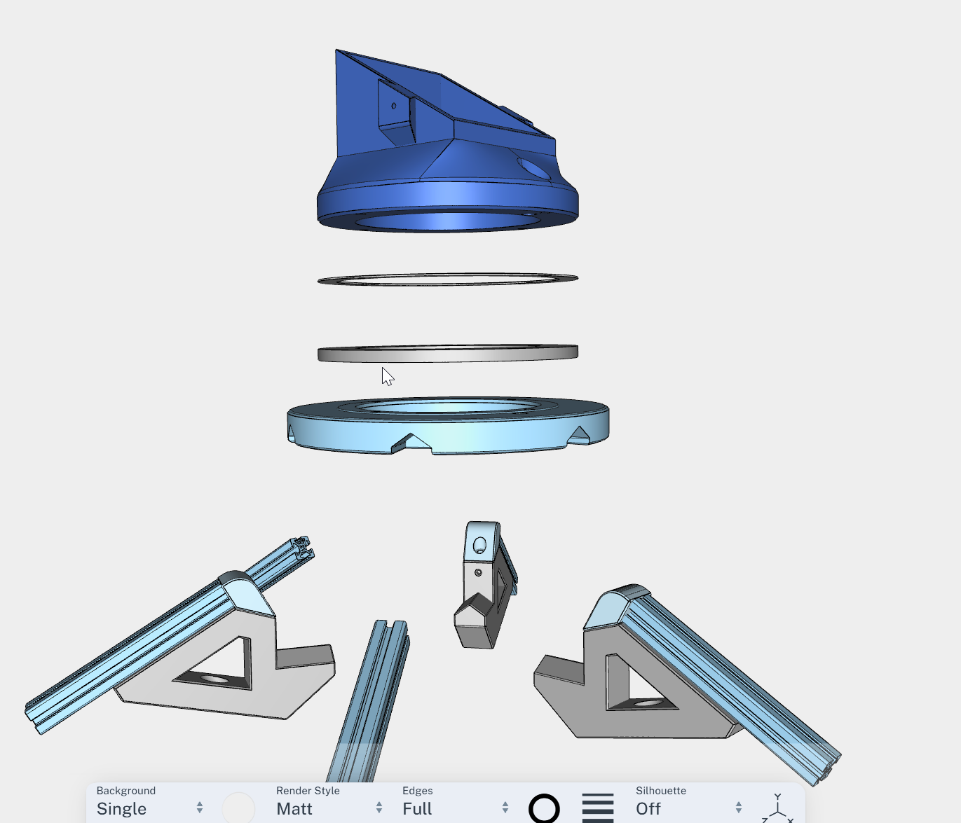 Exploded view of the bottom interface: chute mount on top, spacer ring, Lazy Susan bearing, and the corner mounting brackets below