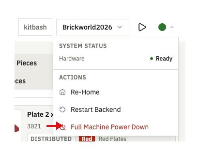 The top-right UI dropdown open, showing the Full Machine Power Down action